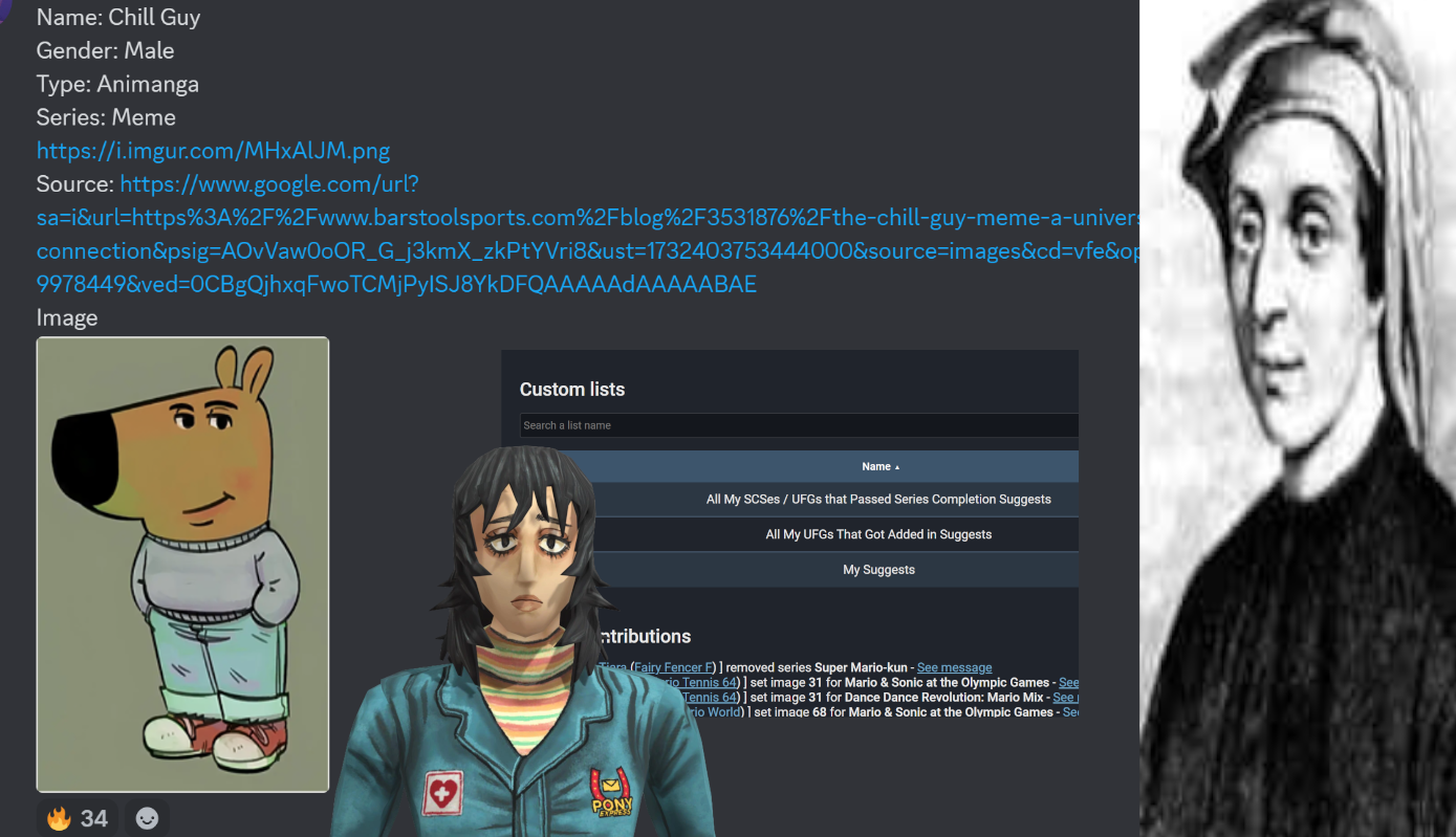 Suggestion for Chill Guy, Anya Mouthwashing, screenshot of custom lists, and Fibonacci